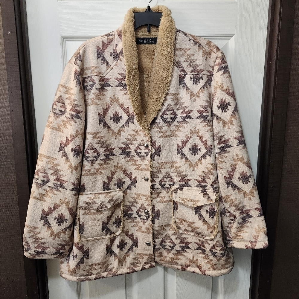 Lucky & Blessed Southwestern Aztec Sherpa Lined Boutique Jacket 2X